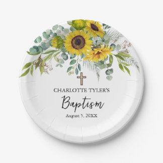 Sunflower & Eucalyptus Boho Cross Baptism Papieren Bordje