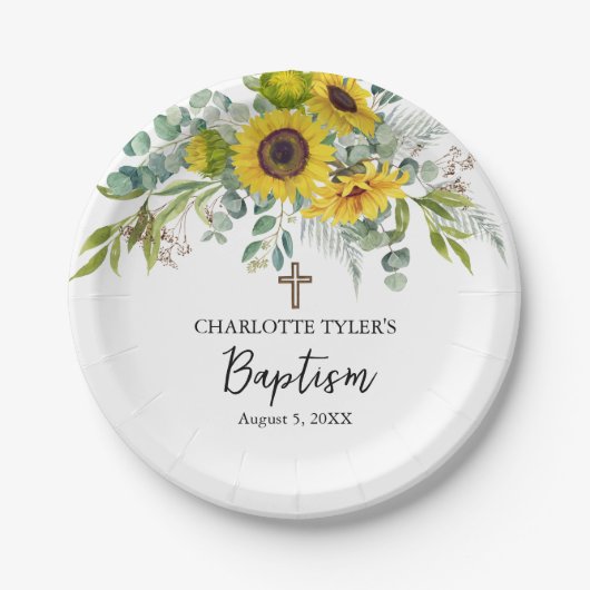 Sunflower & Eucalyptus Boho Cross Baptism Papieren Bordje (Voorkant)