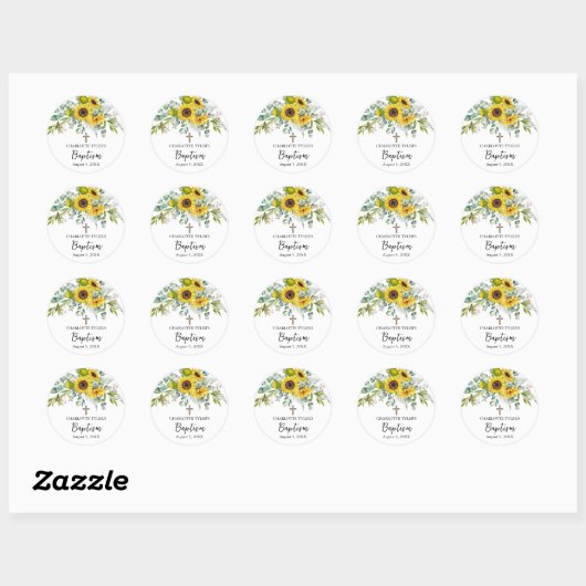 Sunflower & Eucalyptus Boho Cross Baptism Ronde Sticker (Vel)