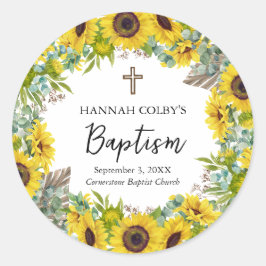 Sunflower & Eucalyptus Boho Cross Baptism Ronde Sticker