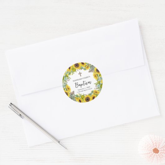 Sunflower & Eucalyptus Boho Cross Baptism Ronde Sticker (Envelop)