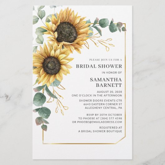 Sunflower Eucalyptus Bridal Showuitnodiging Briefpapier (Voorkant)