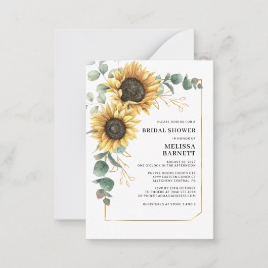Sunflower Eucalyptus Bridal Showuitnodiging Notitiekaartje (Voorkant)
