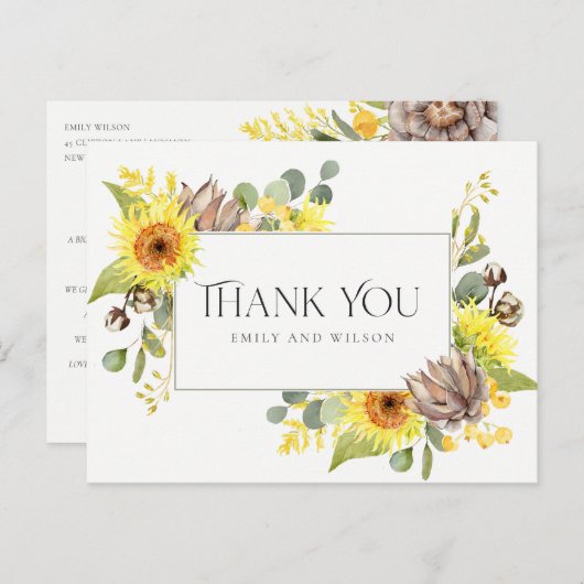 SUNFLOWER EUCALYPTUS FLORAL WEDING DANK U AANKONDIGINGSKAART (Voorkant / Achterkant)