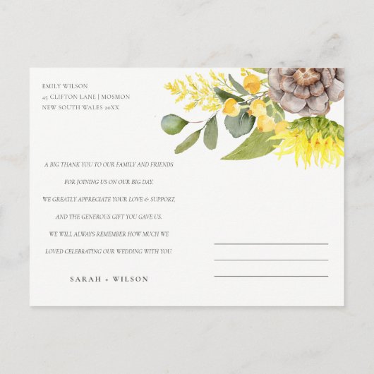 SUNFLOWER EUCALYPTUS FLORAL WEDING DANK U AANKONDIGINGSKAART (Achterkant)