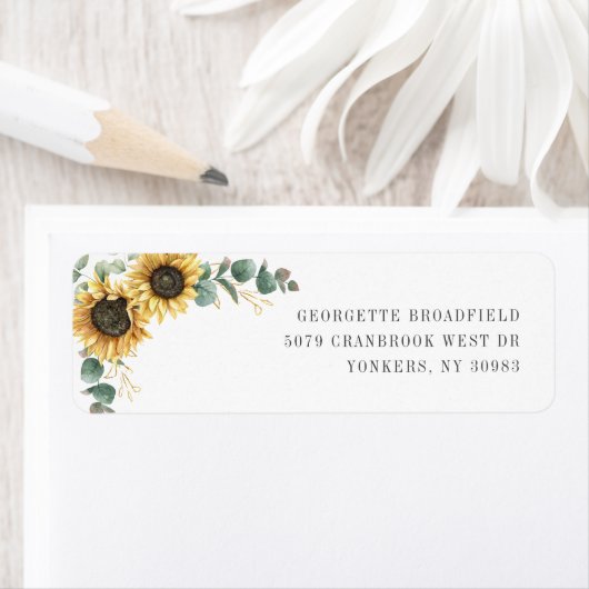 Sunflower Eucalyptus Floral Weduwingadres Etiket (Insitu)
