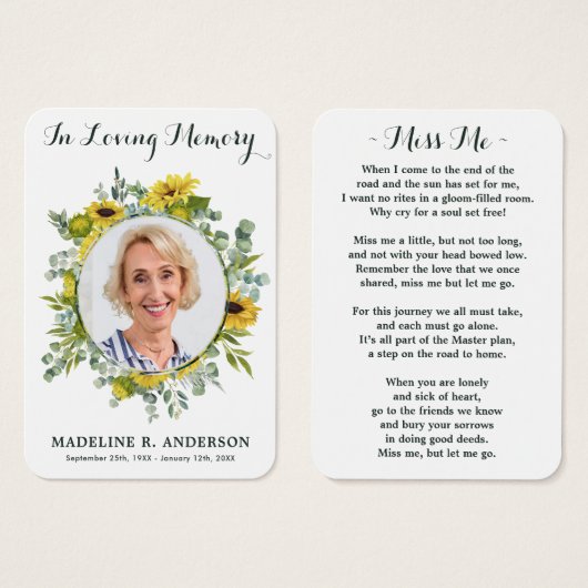 Sunflower Eucalyptus Foto Funeral Prayer Kaart (Voorkant /achterkant)