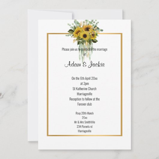 SUNFLOWER EUCALYPTUS GOLD TRIM ELEGANT WEDING KAART (Voorkant)