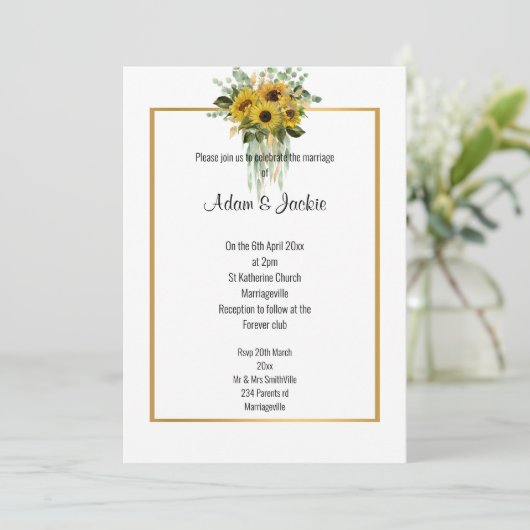 SUNFLOWER EUCALYPTUS GOLD TRIM ELEGANT WEDING KAART (Staand voorkant)