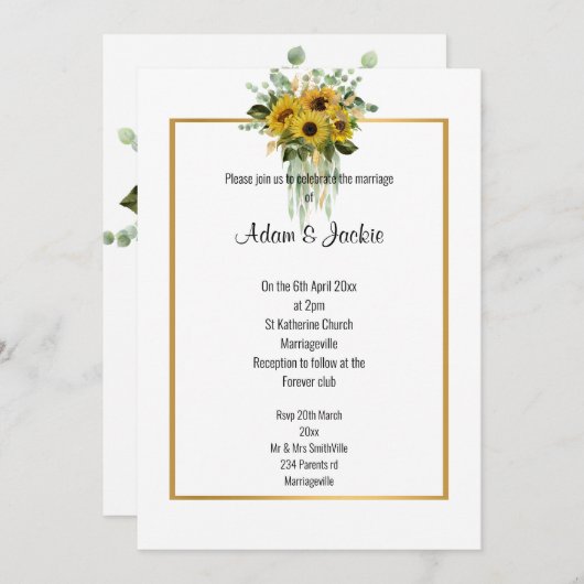 SUNFLOWER EUCALYPTUS GOLD TRIM ELEGANT WEDING KAART (Voorkant / Achterkant)
