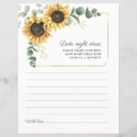 Sunflower Eucalyptus Green Date Night Ideas Kaart<br><div class="desc">Budget Sunflower Eucalyptus Floral bruiloft dateert van nachtkaartjes. Creëer een modern Sunflower Floral Vrijgezellenfeest dateert uit de nacht met een leuke sjabloon met mooie roestachtige bloemetjes met moderne eenvoudige typografie. TIP: Overeenkomende trouwsuite-kaarten zoals RSVP, trouwprogramma's, banners, tapestry, cadeaubonnen, labels, borden en andere bruiloft-keepsakes en -godies zijn beschikbaar in het collectie...</div>