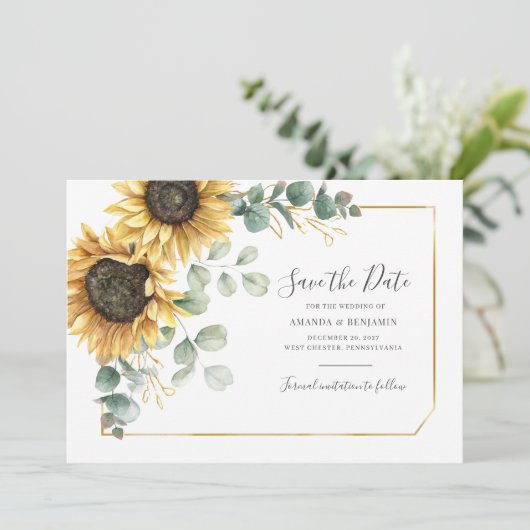 Sunflower Eucalyptus Greenery Save the Date Floral (Staand voorkant)