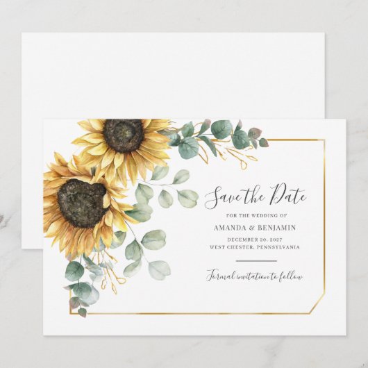Sunflower Eucalyptus Greenery Save the Date Floral (Voorkant / Achterkant)