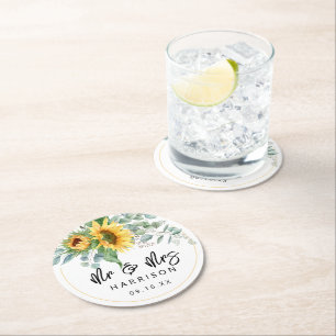 Sunflower Eucalyptus Mr & Mrs Wedding Favor Ronde Kartonnen Onderzetter