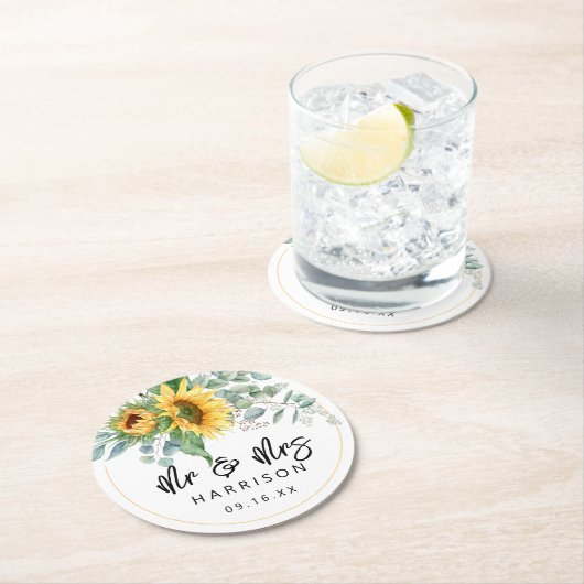 Sunflower Eucalyptus Mr & Mrs Wedding Favor Ronde Kartonnen Onderzetter (Insitu)