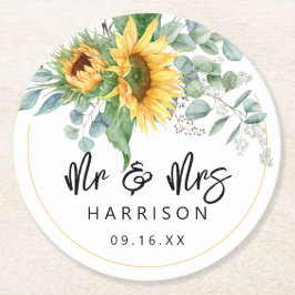 Sunflower Eucalyptus Mr & Mrs Wedding Favor Ronde Kartonnen Onderzetter