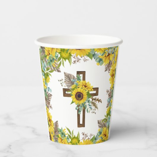 Sunflower Eucalyptus Palm Boho Cross Baptism Papieren Bekers (Achterkant)