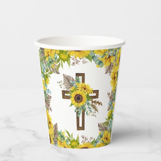 Sunflower Eucalyptus Palm Boho Cross Baptism Papieren Bekers (Voorkant)