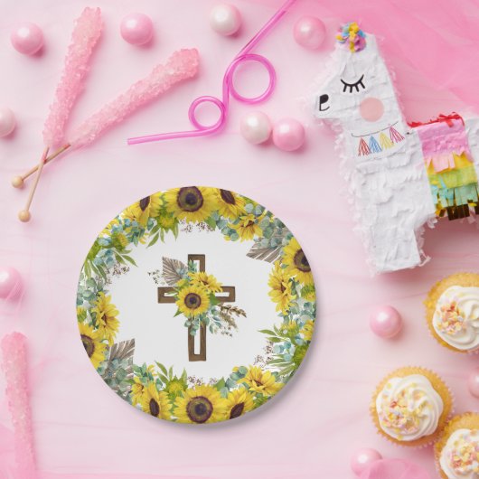 Sunflower Eucalyptus Palm Boho Cross Baptism Papieren Bordje (Feest)