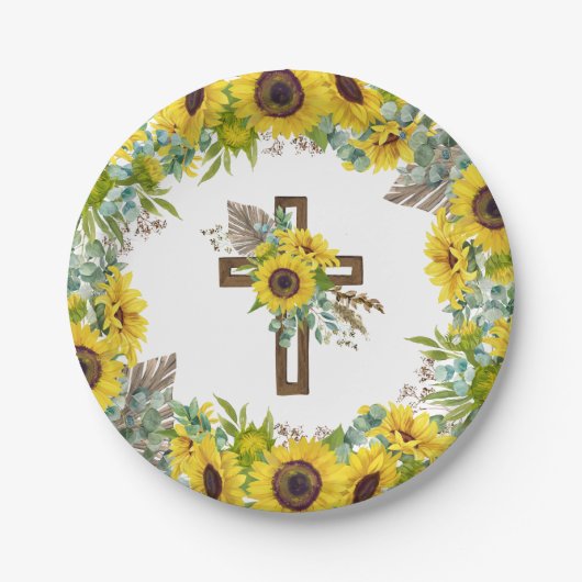 Sunflower Eucalyptus Palm Boho Cross Baptism Papieren Bordje (Voorkant)
