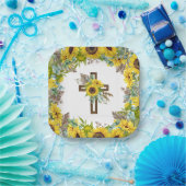 Sunflower Eucalyptus Palm Boho Square Baptism Papieren Bordje (Feest)