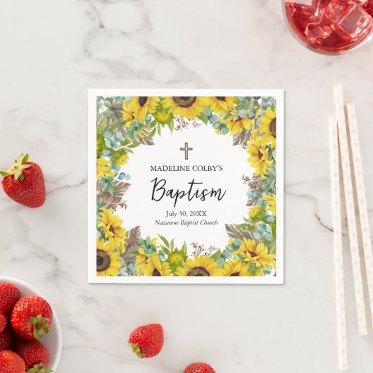 Sunflower Eucalyptus Palm Boho Square Baptism Servet (Insitu)