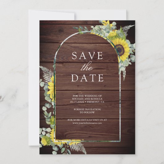Sunflower Eucalyptus Photo Wood Wedding Save The Date (Voorkant)