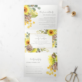 SUNFLOWER EUCALYPTUS WATERVERF FLORAL WEDING DRIELUIK UITNODIGING