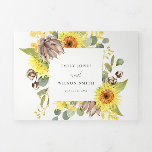 SUNFLOWER EUCALYPTUS WATERVERF FLORAL WEDING DRIELUIK UITNODIGING (Cover)