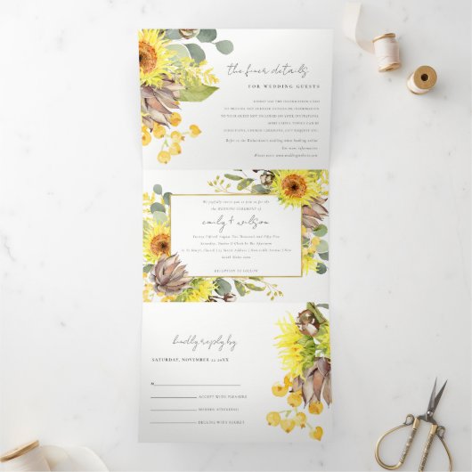 SUNFLOWER EUCALYPTUS WATERVERF FLORAL WEDING DRIELUIK UITNODIGING (Binnen)