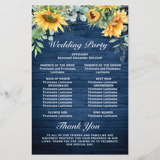 Sunflower Eucalyptus Wedding Ceremony Programme (Achterkant)