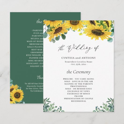 Sunflower Eucalyptus Wedding Ceremony Programme Kaart (Voorkant / Achterkant)