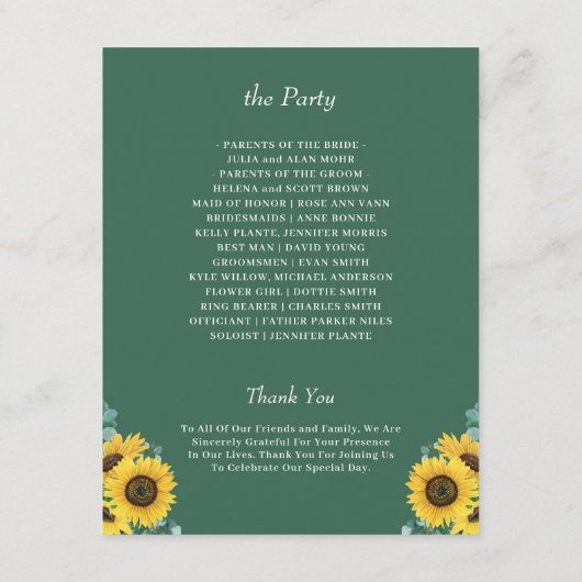 Sunflower Eucalyptus Wedding Ceremony Programme Kaart (Achterkant)