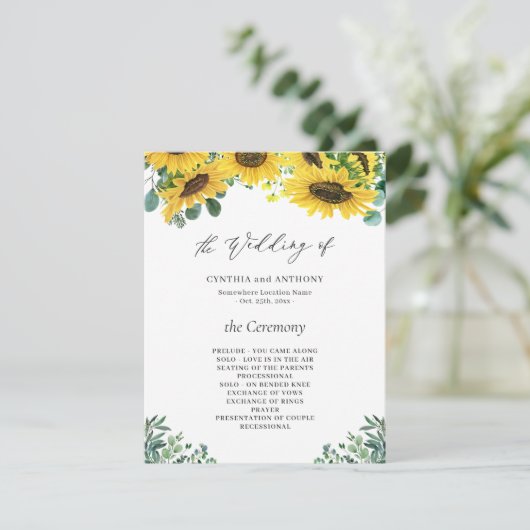 Sunflower Eucalyptus Wedding Ceremony Programme Kaart (Staand voorkant)