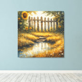 Sunflower Field With Rustic Fence Canvas Afdruk (Insitu (Houten vloer))