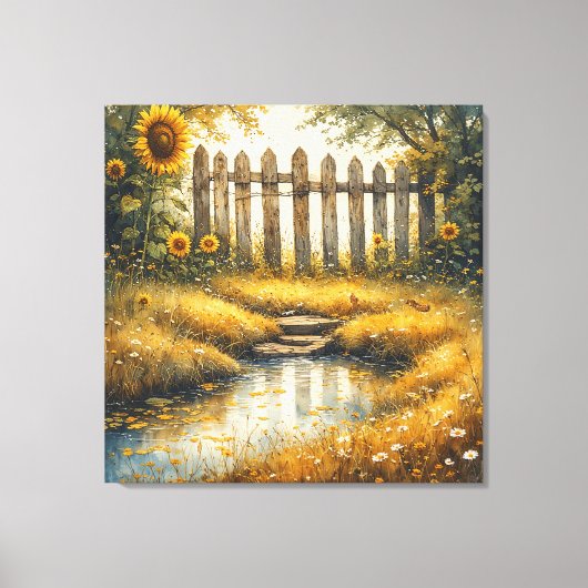 Sunflower Field With Rustic Fence Canvas Afdruk (Voorkant)