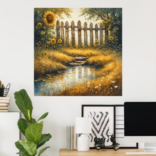 Sunflower Field With Rustic Fence Poster (Thuiskantoor)