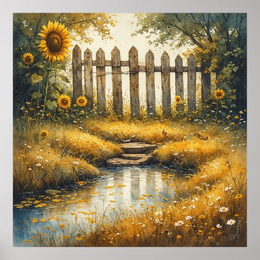 Sunflower Field With Rustic Fence Poster (Voorkant)