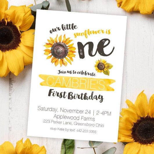 Sunflower First Birthday Invitation Kaart