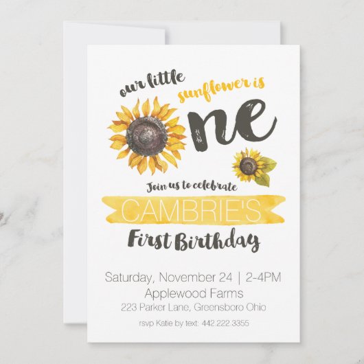 Sunflower First Birthday Invitation Kaart (Voorkant)