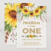 Sunflower First Birthday Invite Boho Queen Bee Kaart (Voorkant / Achterkant)