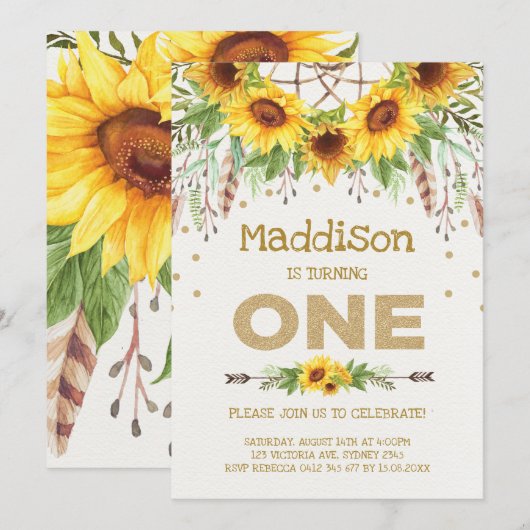 Sunflower First Birthday Invite Boho Queen Bee Kaart (Voorkant / Achterkant)