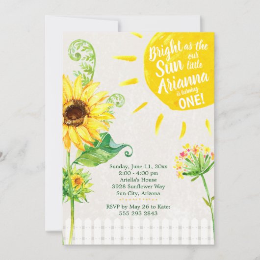Sunflower First Birthday Party Invitation Kaart (Voorkant)