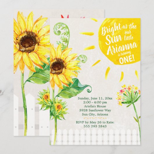 Sunflower First Birthday Party Invitation Kaart (Voorkant / Achterkant)