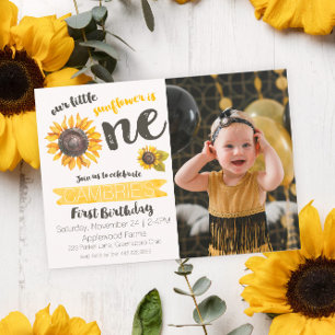 Sunflower First Birthday Photo Invitation Kaart