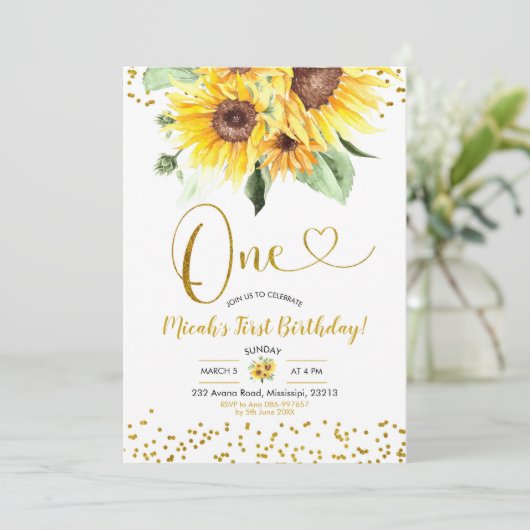 Sunflower First Birthday-uitnodiging Kaart (Staand voorkant)