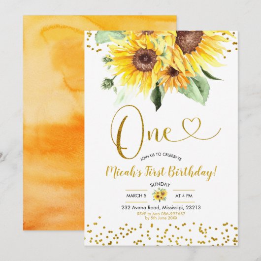 Sunflower First Birthday-uitnodiging Kaart (Voorkant / Achterkant)