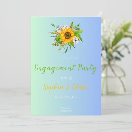 Sunflower Floral Bouquet Blue Engagement Party Kaart (Staand voorkant)