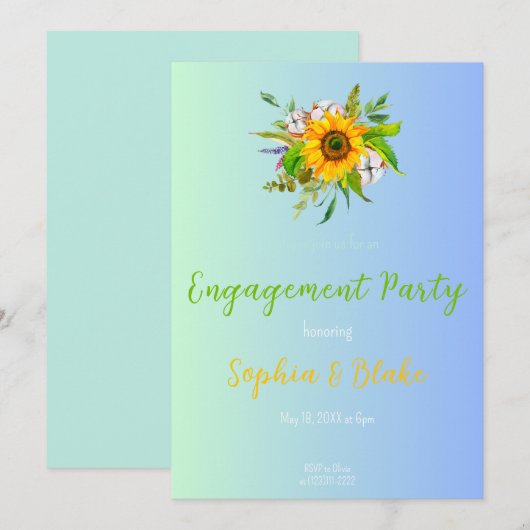 Sunflower Floral Bouquet Blue Engagement Party Kaart (Voorkant / Achterkant)