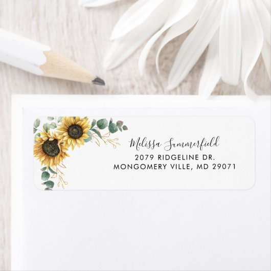 Sunflower Floral Eucalyptus Weduwingadres Etiket (Insitu)